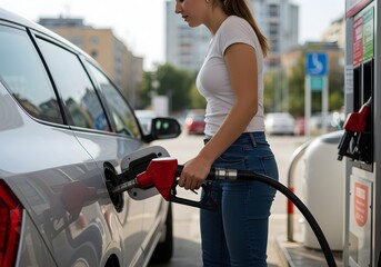 Woman Refueling Car at Gas Station, Silver Vehicle, Fuel Pump, Gasoline, Automotive, Lifestyle, Transportation.