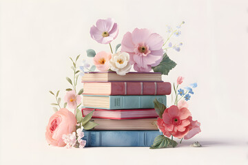 Elegant Book Stack with Blooming Spring Flowers