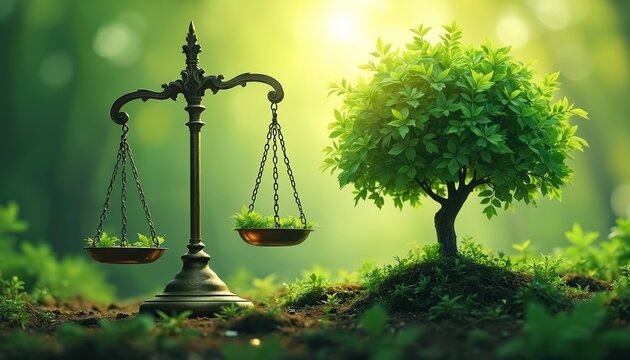 Infographic visualizes ESG principles, focusing on anti-corruption, ethical business practices. Balanced scale corporate responsibility, integrity, fair governance. Plants, thriving tree represent