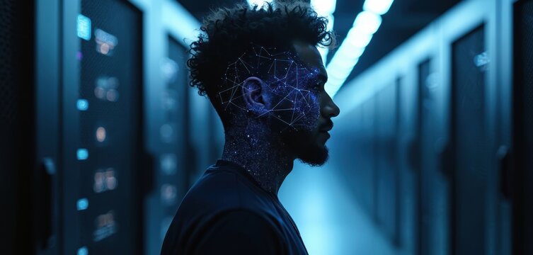 Silhouette of tech entrepreneur with digital neural network overlay in futuristic data center. Blue and red lights illuminate servers. Visionary leader connected to global network, brain power.
