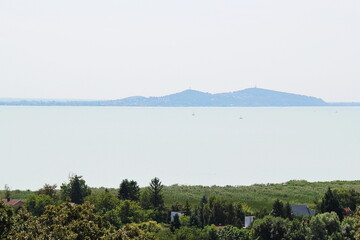 Aerial View of Lake Balaton from Ábrahámhegy Viewpoint with Hills,  Hungary