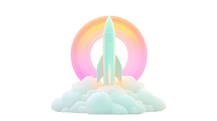 Minimal Rocket Launch with Rainbow and Clouds