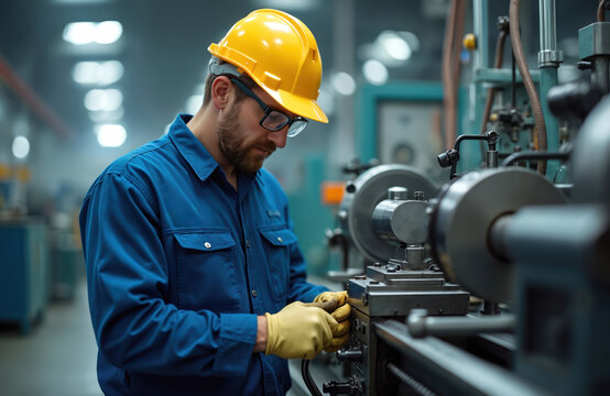 Engineer in blue uniform, yellow hard hat performs maintenance on industrial lathe. Wearing safety glasses, gloves, focuses on precision metalworking in factory setting. Expertise, skill in