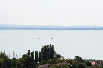 Aerial View of Lake Balaton from Ábrahámhegy Viewpoint with Sailboats,  Hungary