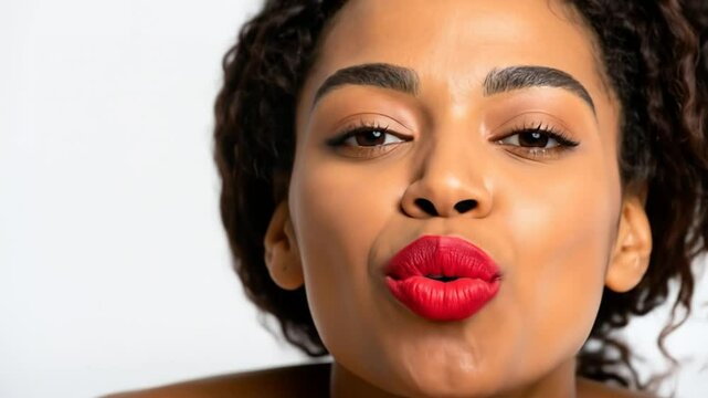 Beautiful woman pouting lips blowing a kiss natural makeup