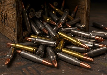 Ammunition Box Spill Rifle Bullets, Military Cartridges, War Weaponry Close-Up, Shotgun Ammo, Wooden Crate.