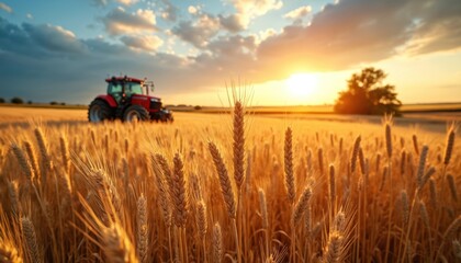 Golden wheat field at sunset with a red tractor harvesting grain. Rural countryside scene, summer agriculture theme. Ripe crop ready for gathering under a warm sky.