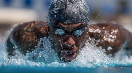 Determined male athlete with tattoos is swimming the butterfly stroke, creating splashes and ripples in the turquoise water of a competition pool