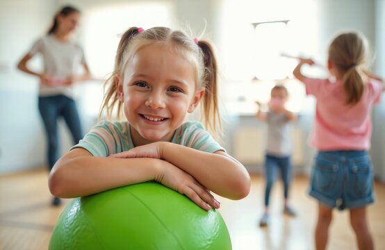 Joyful preschool girl with green fitball in gym class. Active kids participate in physical education lesson. Teacher leads exercise session. Healthy childhood activity promoting fun and fitness.