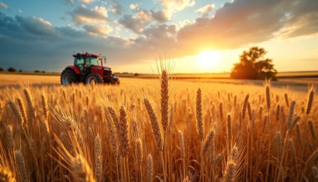Golden wheat field at sunset with a red tractor harvesting grain. Rural countryside scene, summer agriculture theme. Ripe crop ready for gathering under a warm sky. - Powered by Adobe