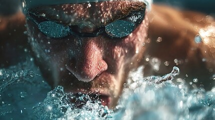 Close up of a professional swimmer wearing goggles and taking a breath while swimming the butterfly stroke, creating water splashes and bubbles around his face