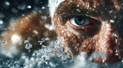 Close up of a male swimmer's face partially submerged in water, droplets splashing around his head as he surfaces, conveying a sense of intense focus and determination