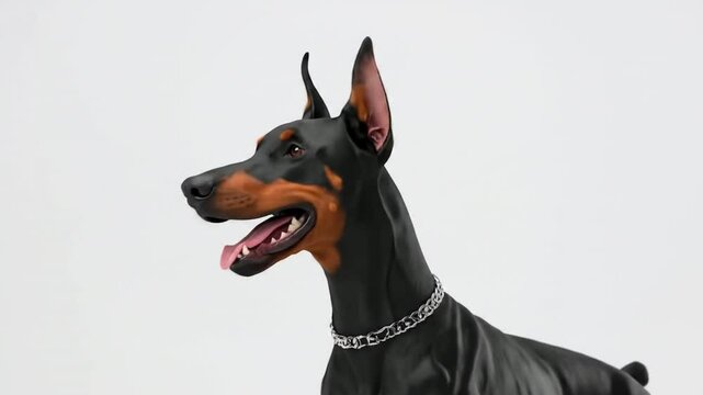 Black and tan dog with chain tongue out against white