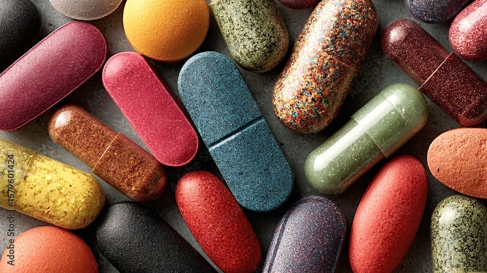 Poster many colorful pills and capsules of various shapes and sizes are creating a textured background, rep
