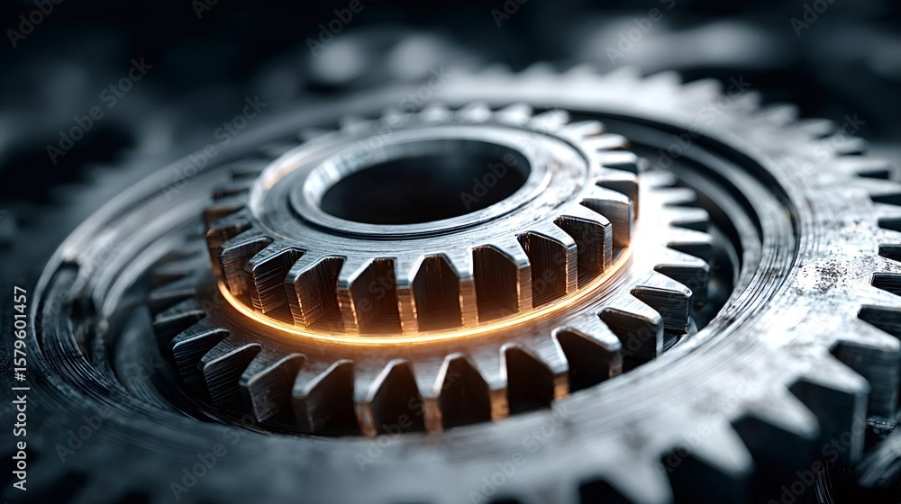 Poster close up view of interlocking metal gears rotating smoothly, illuminated by an orange glow, symboliz