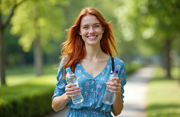 Happy redhead woman in blue dress walks in summer park holding water bottles. Girl shows thumbs up gesture. Outdoors, nature, green background. Healthy lifestyle, hydration, refreshment concept.