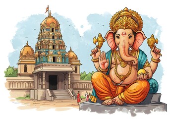 Watercolor illustration of Lord Ganesha statue and Indian temple. Hindu God, religion, faith, culture, spiritual art.