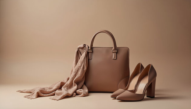 Elegant mocha leather handbag with matching high heel shoes, soft textured scarf. Coordinated feminine fashion ensemble in muted beige tones. Sophisticated accessories for autumn winter wear. Chic,