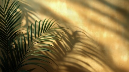 Obraz premium Shadows of Green Leaves Cast on a Warm Golden Wall During Afternoon Light in a Cozy Indoor Space