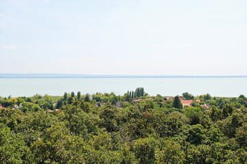 Aerial View of Lake Balaton from Ábrahámhegy Viewpoint with Greenery and Water,  Hungary