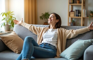 Obraz premium Young woman resting on sofa, arms spread wide, smiling joyfully. Relaxed female enjoys comfort in living room interior. Healthy lifestyle, self-care, and peaceful home environment shown.