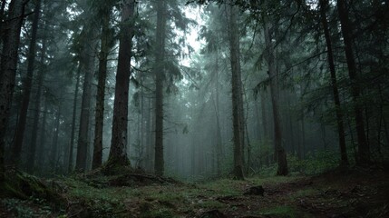 Obraz premium Spooky forest trail at dusk with fog and mystery vibe