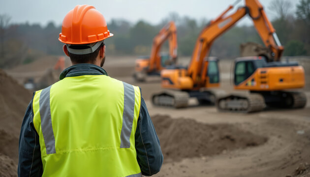 Construction worker in orange hard hat, yellow safety vest watches excavators on dirt site. Male laborer oversees heavy machinery operations. Groundwork, infrastructure development, outdoor