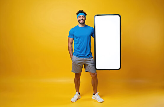 Fitness trainer smiles holding large blank smartphone screen, wearing blue t-shirt and grey shorts. Yellow background. Space for advertising workout app, sports promo or fitness plans. - Powered by Adobe