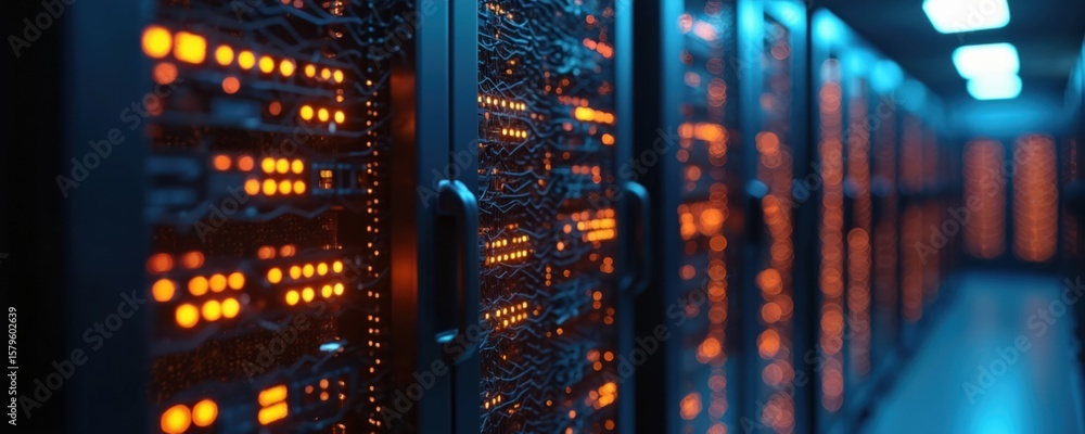 Poster server rack glowing with orange lights in dark, futuristic data center. rows of computer hardware in