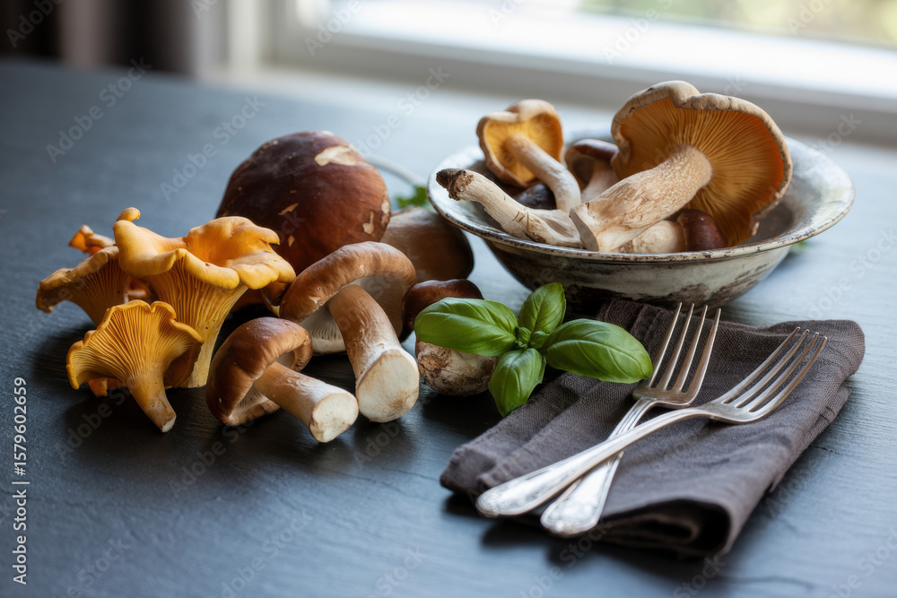 Poster artisanal assortment of fresh mushrooms with basil on rustic table setting for culinary creations