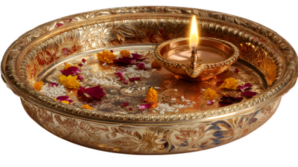 Lit diya lamp and flower petals in a golden bowl for Indian celebration, transparent background
