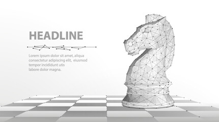 Knight. Abstract vector 3d chess knight on chessboard. Business strategy, marketing solution, strategic vision, innovate technology concept. © Oleh