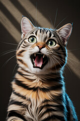 Playful Bengal Cat with Enthusiastic Expression in Muted Indoor Lighting