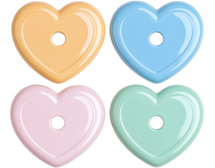 4 heart-shaped plastic buttons in pastel colors, clip art style isolated on a white b 