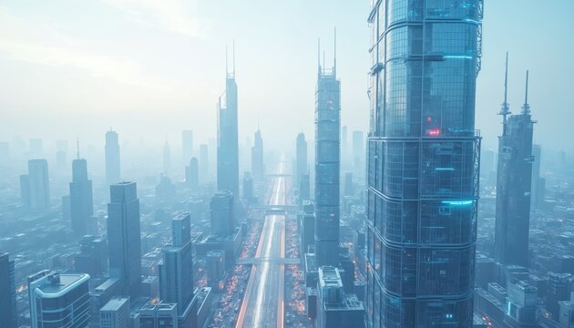 Futuristic cityscape modern architecture, advanced urban planning with digital blueprints overlay. Tall glass skyscrapers dominate skyline, connected by glowing data streams. Central highway hums