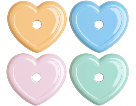 4 heart-shaped plastic buttons in pastel colors, clip art style isolated on a white b 