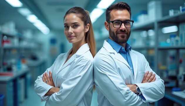 Man and woman scientists in lab coats stand back-to-back with crossed arms. Pro researchers in modern lab, symbolizing teamwork and innovation in science, technology, medicine, and research.