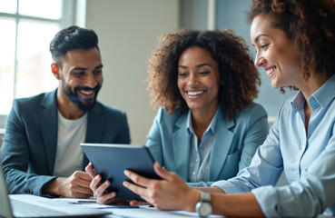 Diverse team collaborates using digital tablet in office meeting. Professionals discuss project, share ideas. Smiling colleagues engage in teamwork, utilizing technology for business success.