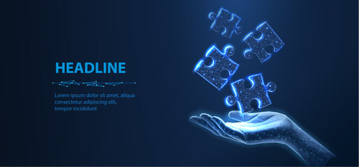 Three puzzles on blue. Digital solution, partners cooperate, matching solution concept.