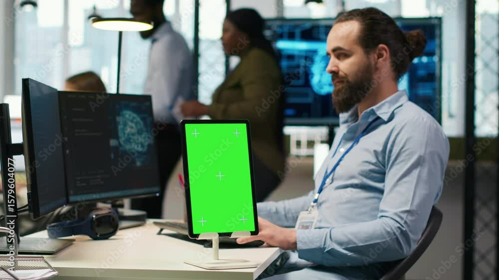 Poster startup technician using isolated screen tablet, developing artificial intelligence models for busin