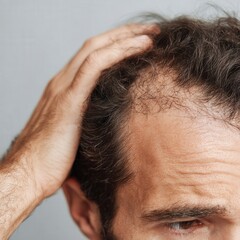 Early signs of hair loss and thinning in men. Worried man checking early hair loss and receding hairline
