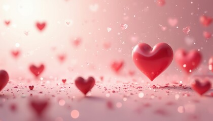 Romantic Valentine Day banner features abstract red hearts, soft pink background. Scattered confetti adds festive detail to love concept illustration. Ideal for holiday greetings, invitations,