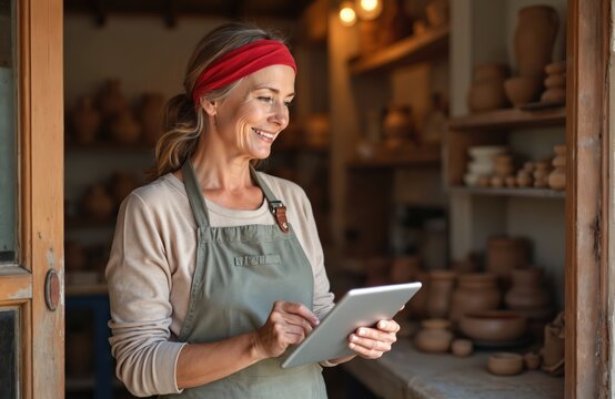 Smiling mature woman in apron uses tablet in pottery studio. Adult female owner manages business, shops online from workshop. Creative artist with wifi tech, looking at screen.