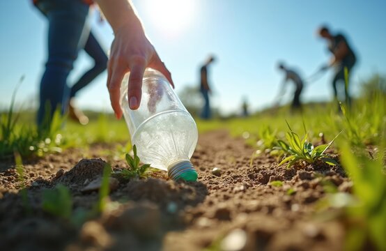 Group of young volunteers collects plastic trash in a sunny green field during summer. Close-up of a hand picking up a plastic bottle, symbolizing environmental protection and a cleaner planet.