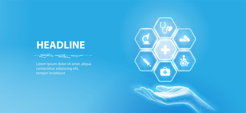 Medical icons inside hexagons around medical cross and holding hand. Health care plane, patient service digital technology, ai integrate, futuristic pharmacy, innovation concept