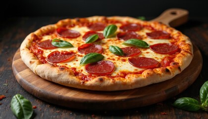 Detroit style pizza topped with melted cheese, savory salami, fresh basil leaves. Classic pepperoni pizza features thick crust, rich tomato sauce, golden baked finish. Perfect for sharing at lunch