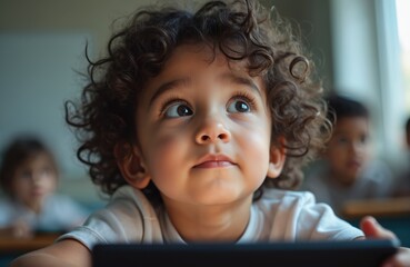 Young child with curly hair engaged with digital tablet, eyes focused upwards in concentration. Blurred background shows students in classroom setting, suggesting interactive learning environment.