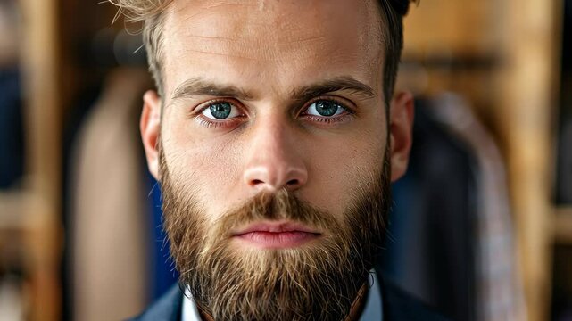The Man's Portrait: A man with beard looks at the camera, the background out of focus 