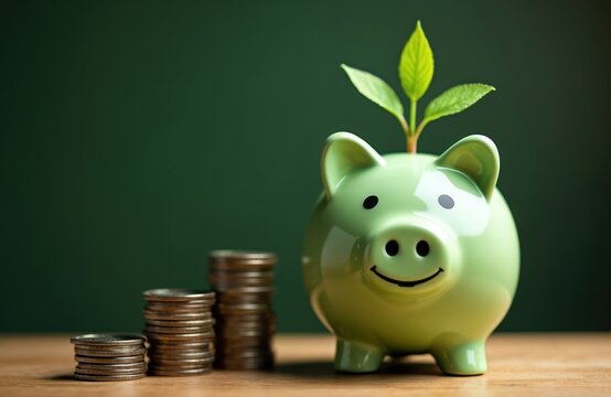 Green piggy bank with sprout, stacked coins symbolize sustainable growth, eco-friendly investment. This symbolizes financial concept of savings wealth prosperity, business investment for future.