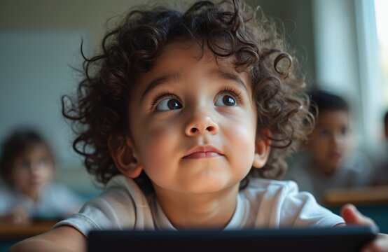 Young child with curly hair engaged with digital tablet, eyes focused upwards in concentration. Blurred background shows students in classroom setting, suggesting interactive learning environment. - Powered by Adobe